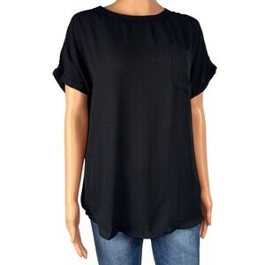 Buffalo David Bitton Womens Medium Black Woven Blouse Patch Pockets Keyhole Top